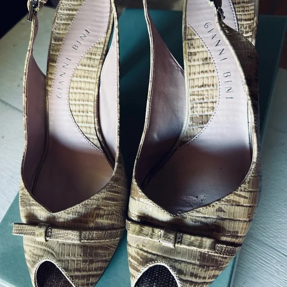 Gianni Bini Tan Woven Peep-Toe Slingback Heels - Picture 2 of 5